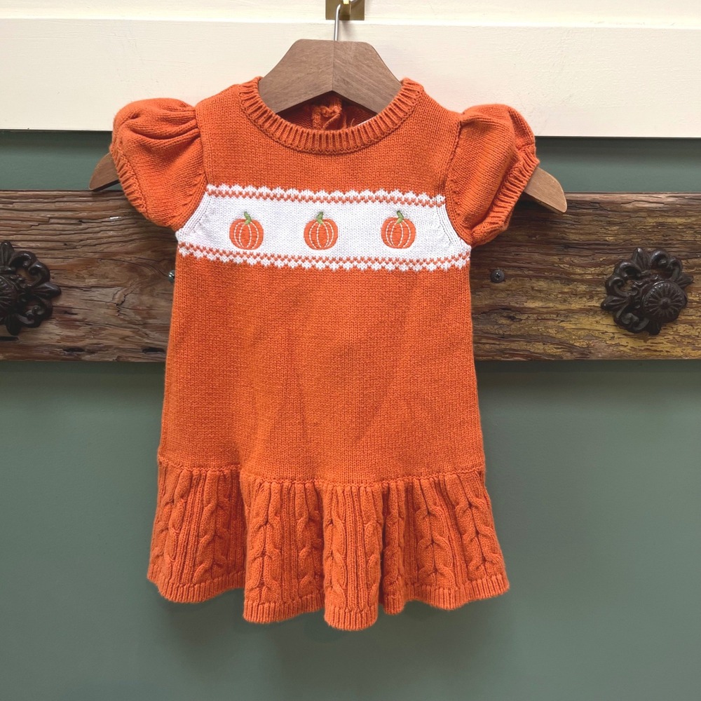 Gymboree Orange Pumpkin Sweater Dress Short Sleeve Knit Fall 6-12 Months